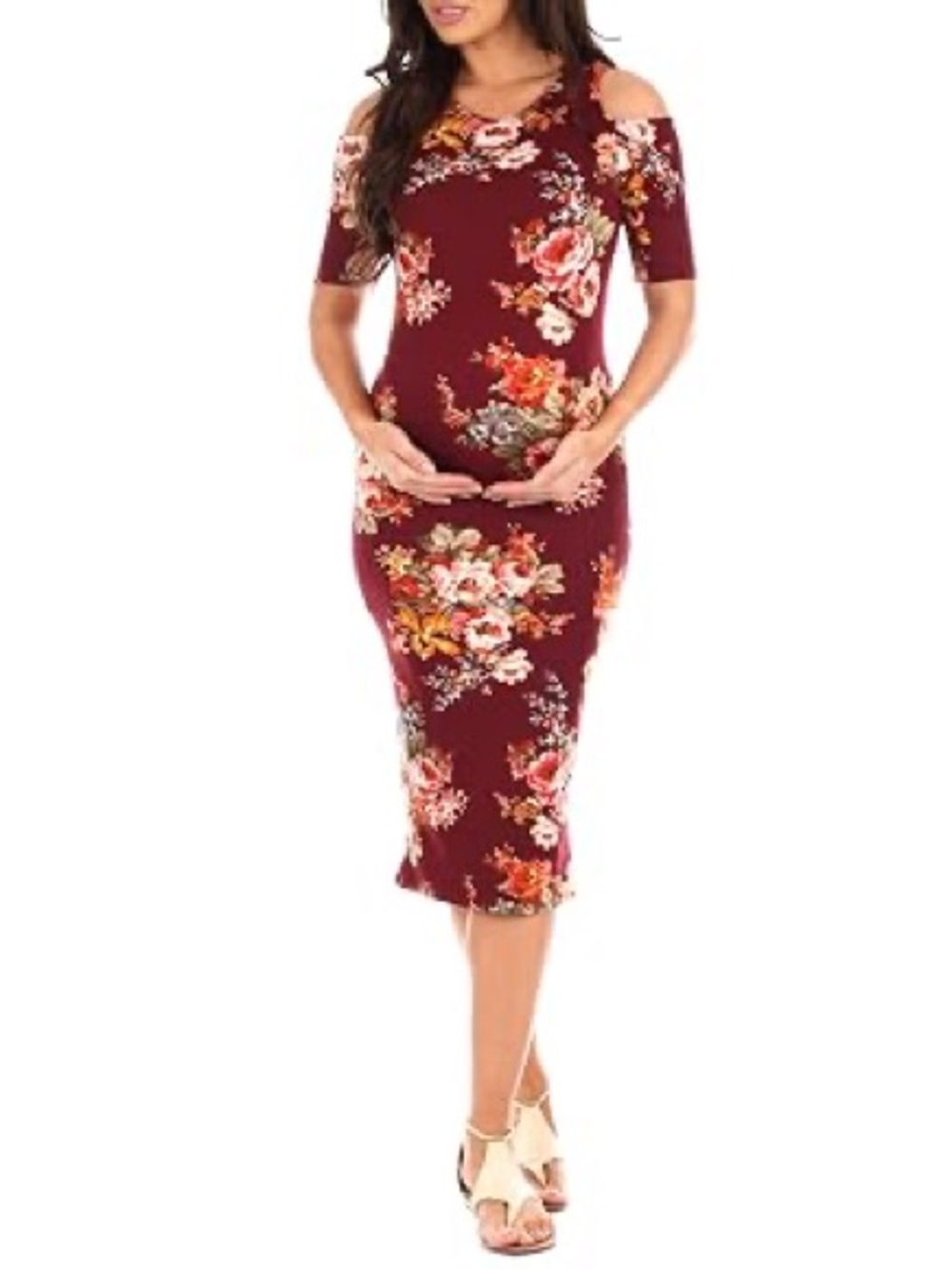 Mother Bee Maternity Floral Cold Shoulder Midi Bodycon Dress Medium